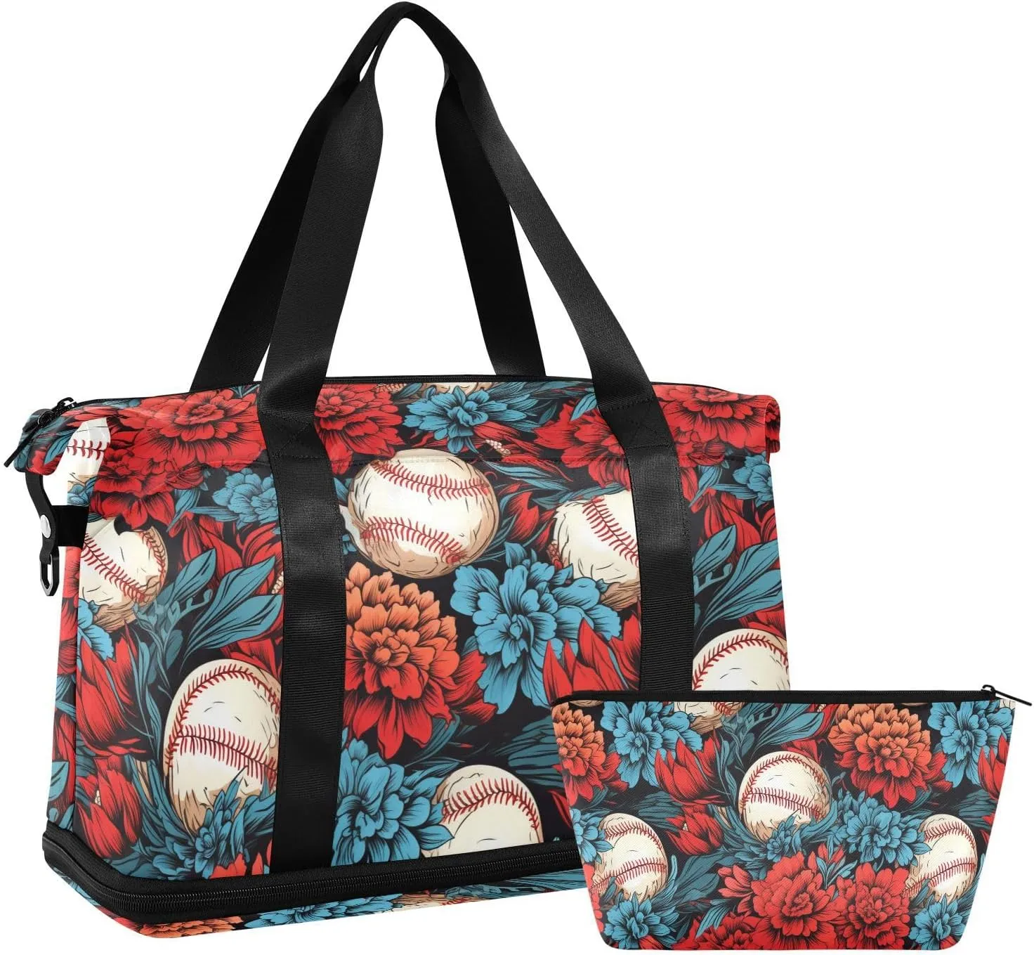 ALAZA Baseball and Flowers Gym Bag Sports Duffel Bag with Shoes Compartment, Overnight Weekender Travel Tote Bag for Women Men Trip College