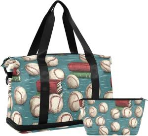 ALAZA Baseball Ball Books Gym Bag Sports Duffel Bag with Shoes Compartment, Overnight Weekender Travel Tote Bag for Women Men Trip College