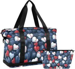 ALAZA Baseball Balls Hearts Gym Bag Sports Duffel Bag with Shoes Compartment, Overnight Weekender Travel Tote Bag for Women Men Trip College