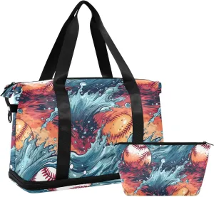ALAZA Baseballs Ocean Waves Gym Bag Sports Duffel Bag with Shoes Compartment, Overnight Weekender Travel Tote Bag for Women Men Trip College
