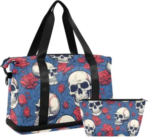ALAZA Baseballs Skull Flowers Gym Bag Sports Duffel Bag with Shoes Compartment, Overnight Weekender Travel Tote Bag for Women Men Trip College
