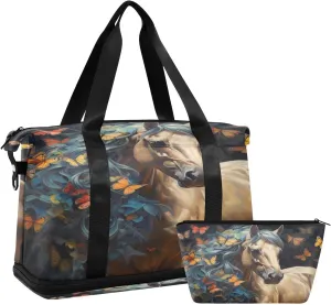 ALAZA Beautiful Horse Butterfly Gym Bag Sports Duffel Bag with Shoes Compartment, Overnight Weekender Travel Tote Bag for Women Men Trip College