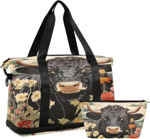 ALAZA Black Cow and Flowers Gym Bag Sports Duffel Bag with Shoes Compartment, Overnight Weekender Travel Tote Bag for Women Men Trip College