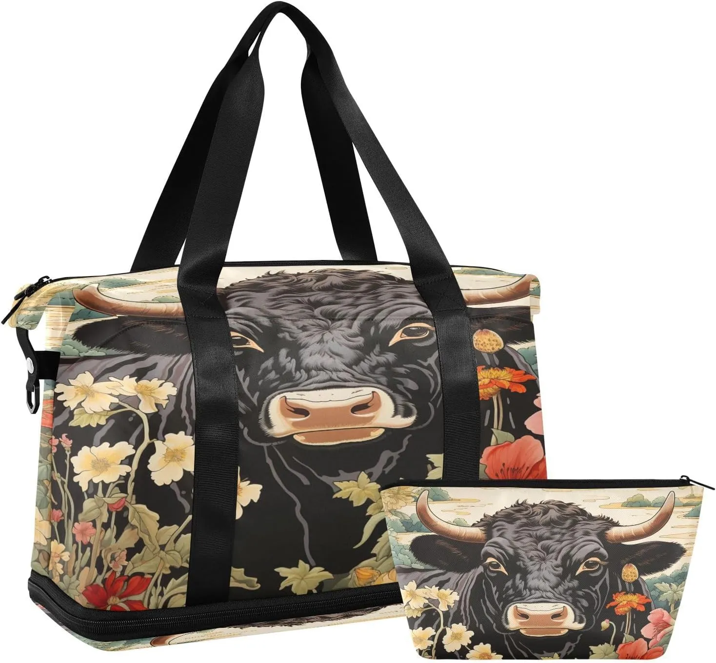 ALAZA Black Cow and Flowers Gym Bag Sports Duffel Bag with Shoes Compartment, Overnight Weekender Travel Tote Bag for Women Men Trip College