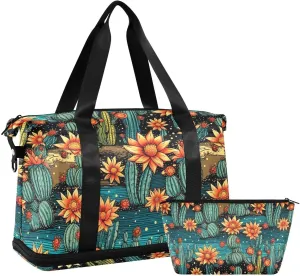 ALAZA Cactuses Florals Stars Gym Bag Sports Duffel Bag with Shoes Compartment, Overnight Weekender Travel Tote Bag for Women Men Trip College