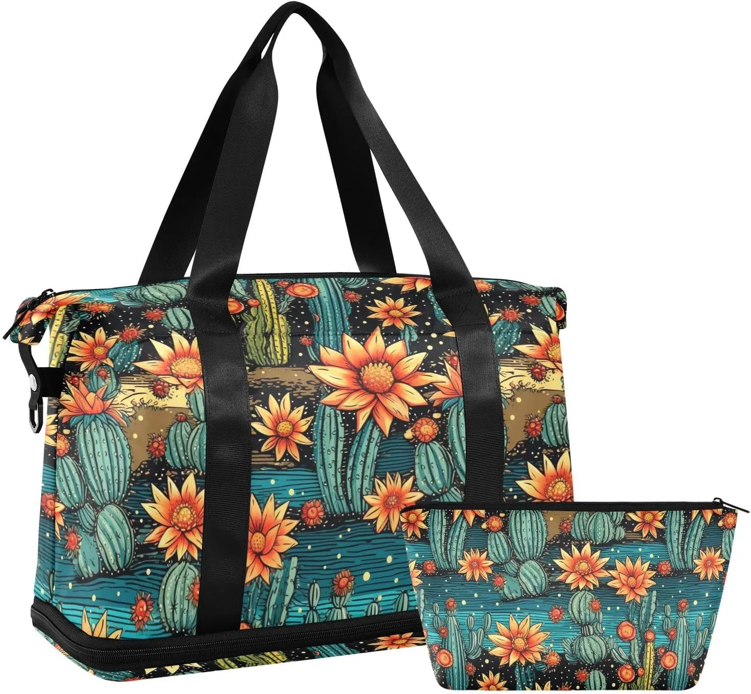 ALAZA Cactuses Florals Stars Gym Bag Sports Duffel Bag with Shoes Compartment, Overnight Weekender Travel Tote Bag for Women Men Trip College