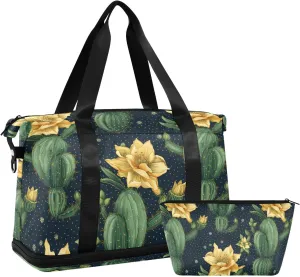 ALAZA Cactuses Flowers Dots Navy Gym Bag Sports Duffel Bag with Shoes Compartment, Overnight Weekender Travel Tote Bag for Women Men Trip College