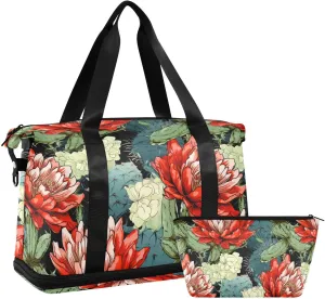 ALAZA Cactuses Flowers Gym Bag Sports Duffel Bag with Shoes Compartment, Overnight Weekender Travel Tote Bag for Women Men Trip College