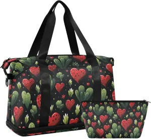ALAZA Cactuses Hearts Gym Bag Sports Duffel Bag with Shoes Compartment, Overnight Weekender Travel Tote Bag for Women Men Trip College