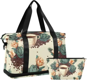 ALAZA Coffee Bean Cactuses Gym Bag Sports Duffel Bag with Shoes Compartment, Overnight Weekender Travel Tote Bag for Women Men Trip College
