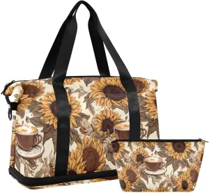 ALAZA Coffee Sunflowers Flowers Gym Bag Sports Duffel Bag with Shoes Compartment, Overnight Weekender Travel Tote Bag for Women Men Trip College