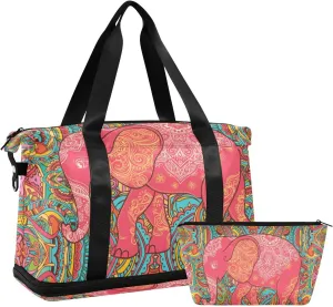 ALAZA Colorful Indian Boho Elephant Gym Bag Sports Duffel Bag with Shoes Compartment, Overnight Weekender Travel Tote Bag for Women Men Trip College