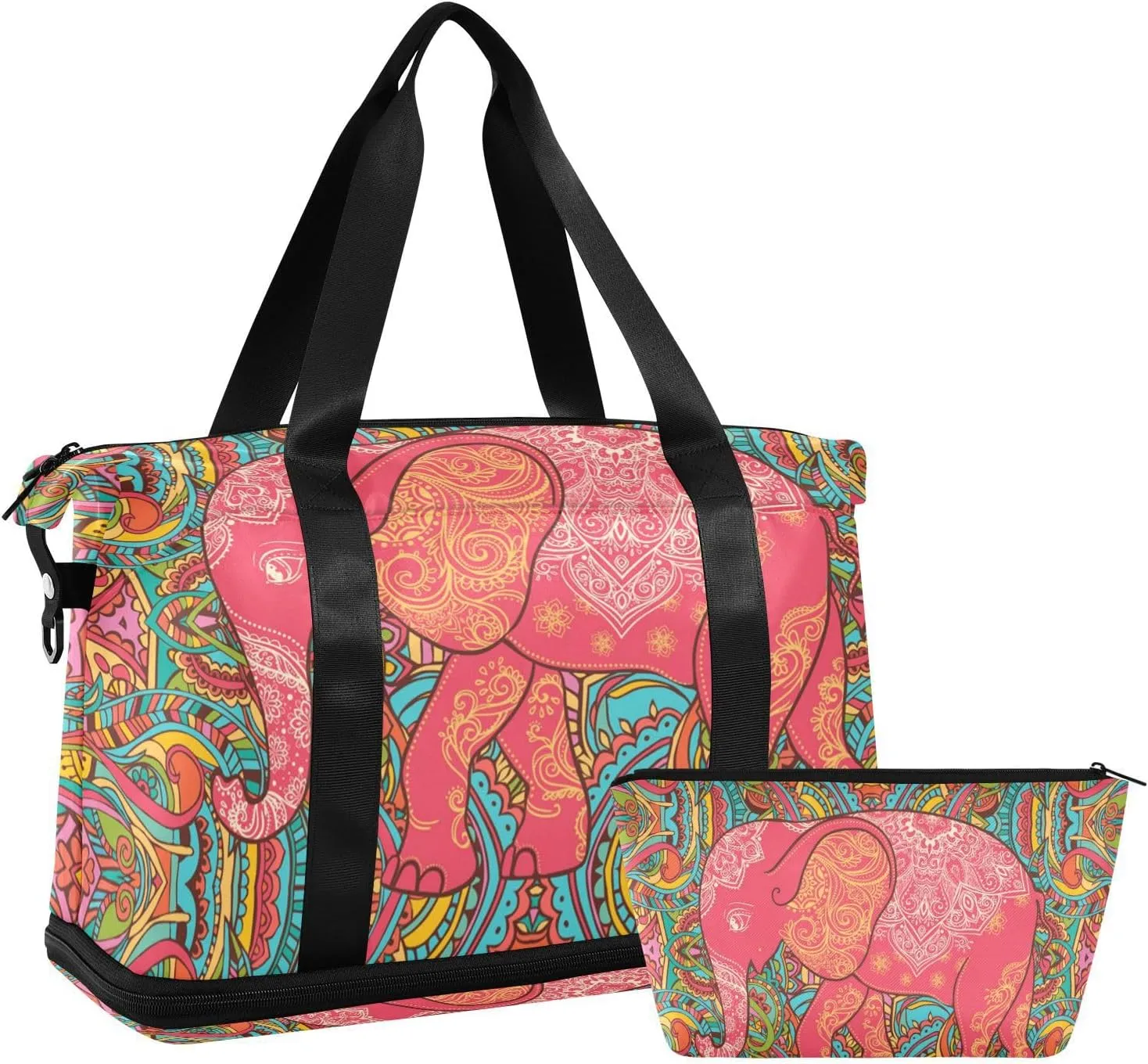 ALAZA Colorful Indian Boho Elephant Gym Bag Sports Duffel Bag with Shoes Compartment, Overnight Weekender Travel Tote Bag for Women Men Trip College