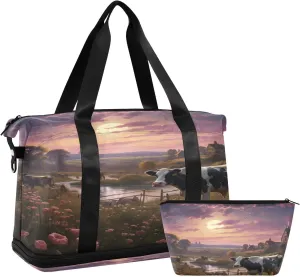ALAZA Cow at Sunset Gym Bag Sports Duffel Bag with Shoes Compartment, Overnight Weekender Travel Tote Bag for Women Men Trip College