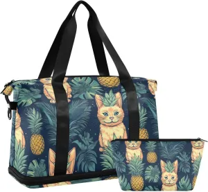 ALAZA Cute Pineapples Cats Gym Bag Sports Duffel Bag with Shoes Compartment, Overnight Weekender Travel Tote Bag for Women Men Trip College