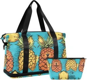 ALAZA Cute Puppy Pineapples Gym Bag Sports Duffel Bag with Shoes Compartment, Overnight Weekender Travel Tote Bag for Women Men Trip College
