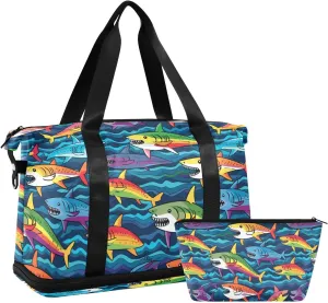 ALAZA Cute Rainbow Color Sharks Gym Bag Sports Duffel Bag with Shoes Compartment, Overnight Weekender Travel Tote Bag for Women Men Trip College