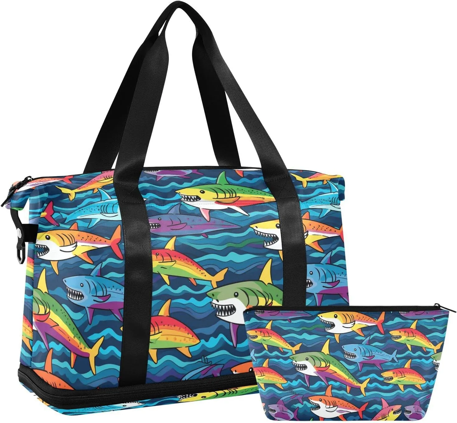 ALAZA Cute Rainbow Color Sharks Gym Bag Sports Duffel Bag with Shoes Compartment, Overnight Weekender Travel Tote Bag for Women Men Trip College