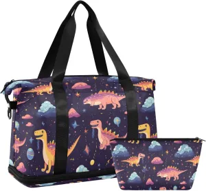 ALAZA Dinosaur and Stars Gym Bag Sports Duffel Bag with Shoes Compartment, Overnight Weekender Travel Tote Bag for Women Men Trip College