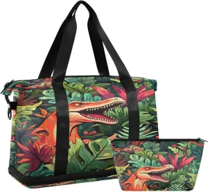 ALAZA Dinosaur Green Leaves Gym Bag Sports Duffel Bag with Shoes Compartment, Overnight Weekender Travel Tote Bag for Women Men Trip College