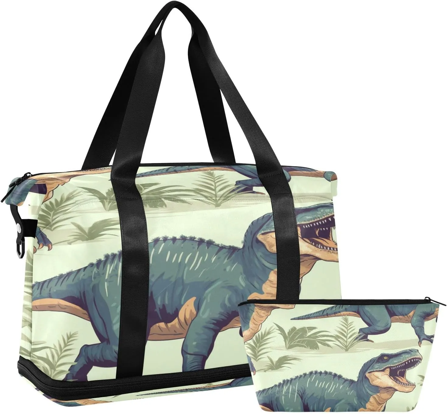 ALAZA Dinosaur Tropical Leaves Gym Bag Sports Duffel Bag with Shoes Compartment, Overnight Weekender Travel Tote Bag for Women Men Trip College