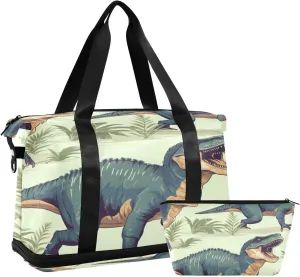 ALAZA Dinosaur Tropical Leaves Gym Bag Sports Duffel Bag with Shoes Compartment, Overnight Weekender Travel Tote Bag for Women Men Trip College