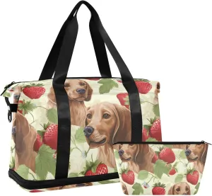 ALAZA Dogs and Strawberries Gym Bag Sports Duffel Bag with Shoes Compartment, Overnight Weekender Travel Tote Bag for Women Men Trip College