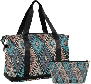ALAZA Ethnic Boho Geometric Gym Bag Sports Duffel Bag with Shoes Compartment, Overnight Weekender Travel Tote Bag for Women Men Trip College