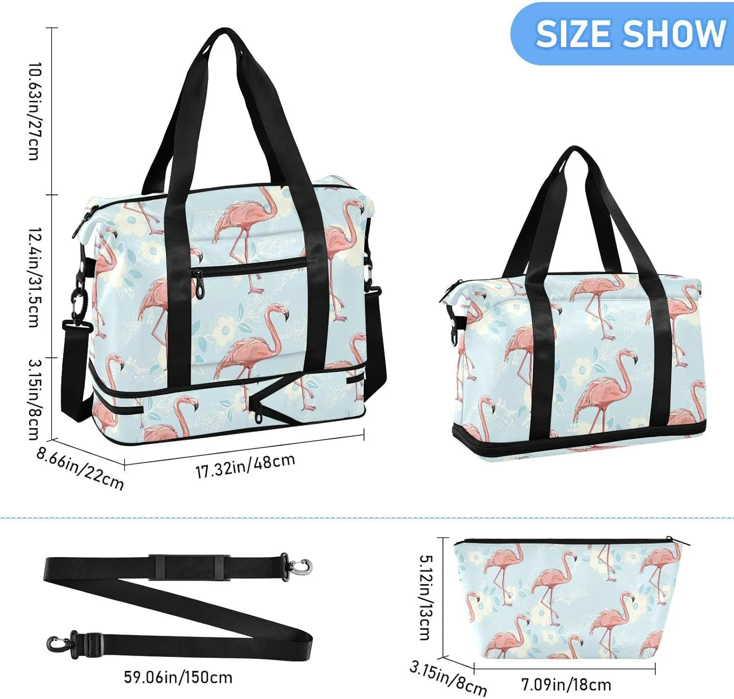 ALAZA Flamingo Bird Floral Gym Bag Sports Duffel Bag with Shoes Compartment, Overnight Weekender Travel Tote Bag for Women Men Trip College