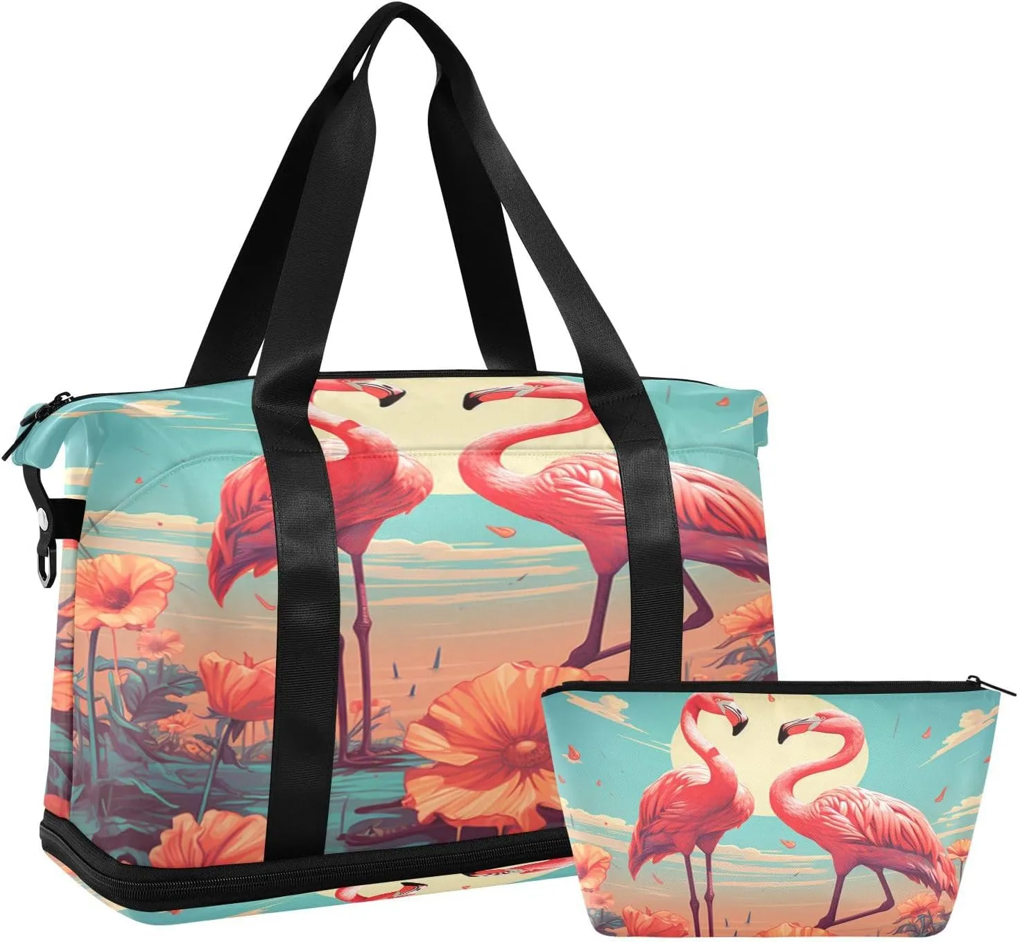 ALAZA Flamingo Floral Landscape Gym Bag Sports Duffel Bag with Shoes Compartment, Overnight Weekender Travel Tote Bag for Women Men Trip College
