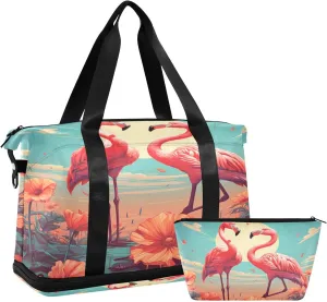 ALAZA Flamingo Floral Landscape Gym Bag Sports Duffel Bag with Shoes Compartment, Overnight Weekender Travel Tote Bag for Women Men Trip College