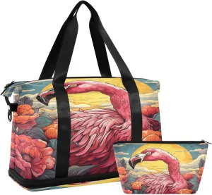 ALAZA Flamingo Flowers Gym Bag Sports Duffel Bag with Shoes Compartment, Overnight Weekender Travel Tote Bag for Women Men Trip College