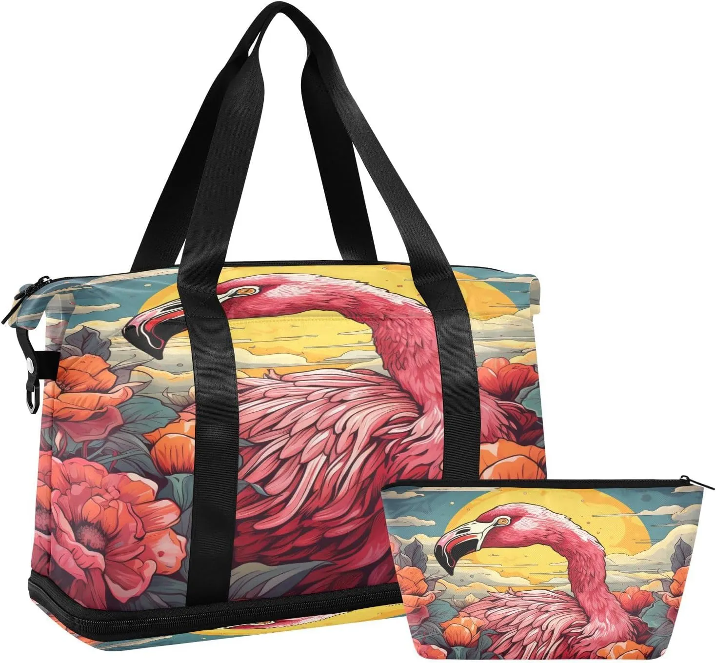 ALAZA Flamingo Flowers Gym Bag Sports Duffel Bag with Shoes Compartment, Overnight Weekender Travel Tote Bag for Women Men Trip College