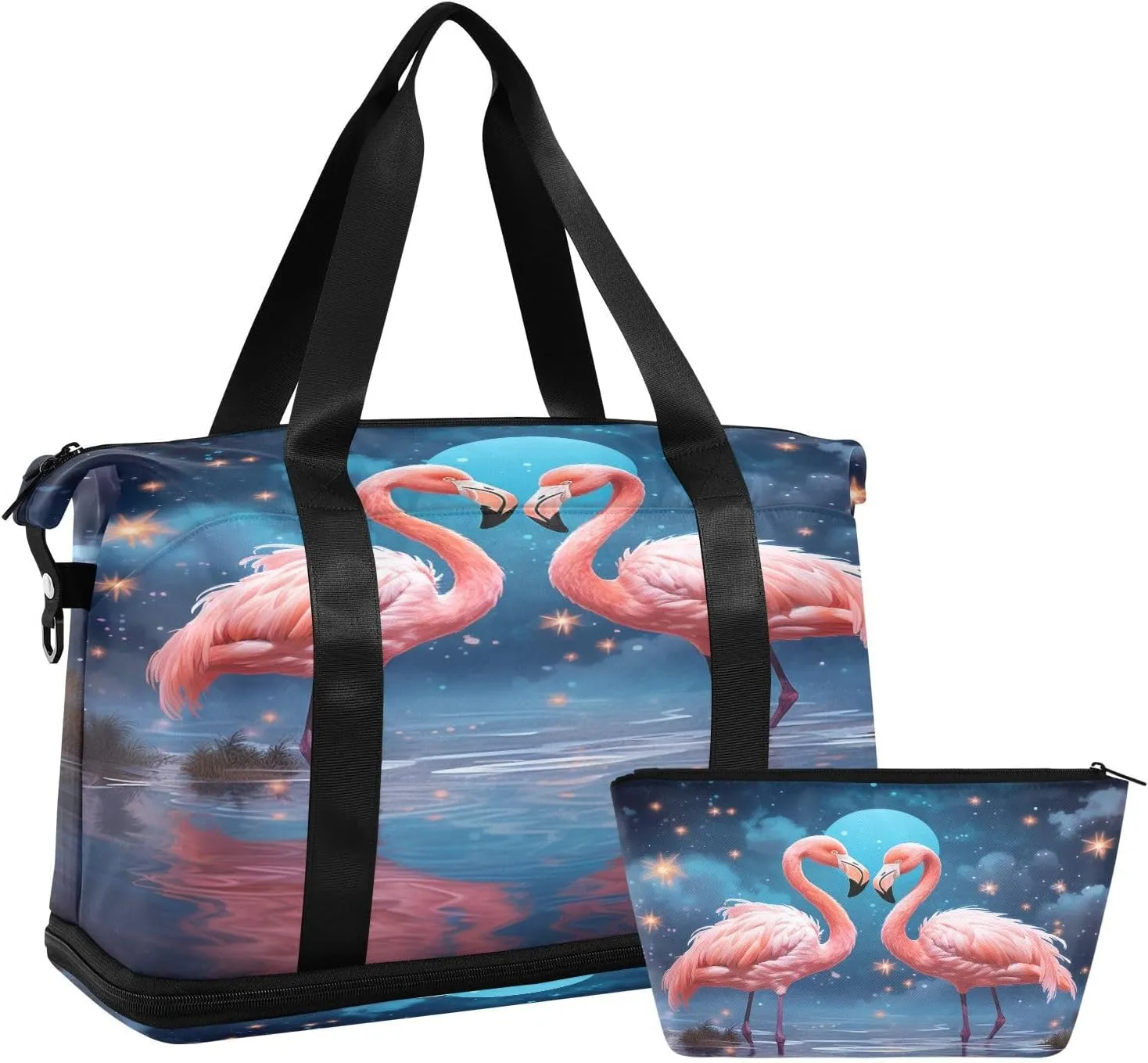 ALAZA Flamingo Stars Moon Gym Bag Sports Duffel Bag with Shoes Compartment, Overnight Weekender Travel Tote Bag for Women Men Trip College