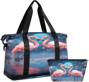 ALAZA Flamingo Stars Moon Gym Bag Sports Duffel Bag with Shoes Compartment, Overnight Weekender Travel Tote Bag for Women Men Trip College