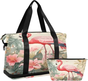 ALAZA Flamingo Tropical Leaves Gym Bag Sports Duffel Bag with Shoes Compartment, Overnight Weekender Travel Tote Bag for Women Men Trip College