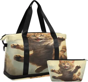 ALAZA Happy Jumping Cat Gym Bag Sports Duffel Bag with Shoes Compartment, Overnight Weekender Travel Tote Bag for Women Men Trip College