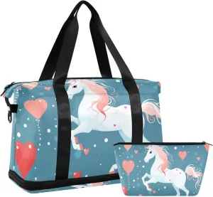 ALAZA Horse Bubbles and Hearts Gym Bag Sports Duffel Bag with Shoes Compartment, Overnight Weekender Travel Tote Bag for Women Men Trip College