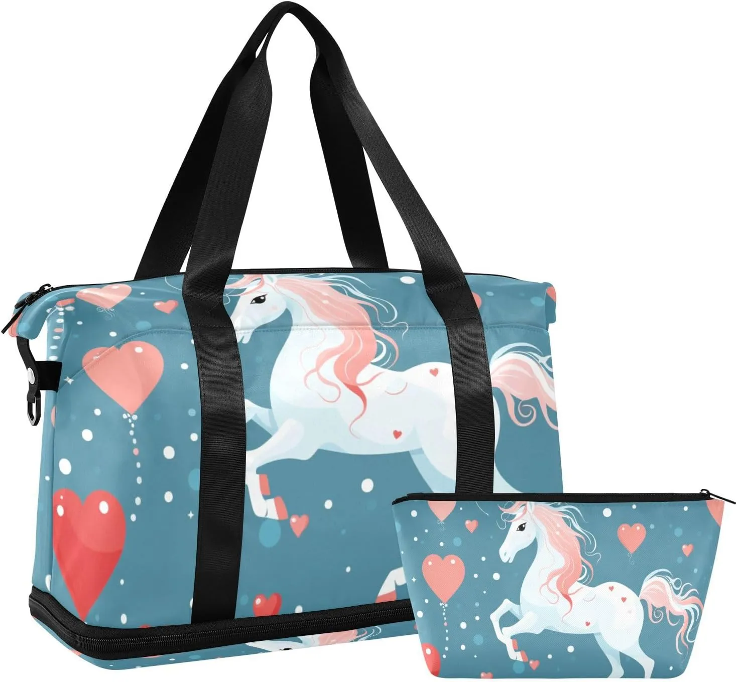 ALAZA Horse Bubbles and Hearts Gym Bag Sports Duffel Bag with Shoes Compartment, Overnight Weekender Travel Tote Bag for Women Men Trip College