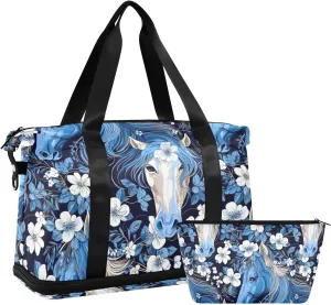 ALAZA Horse Florals Gym Bag Sports Duffel Bag with Shoes Compartment, Overnight Weekender Travel Tote Bag for Women Men Trip College