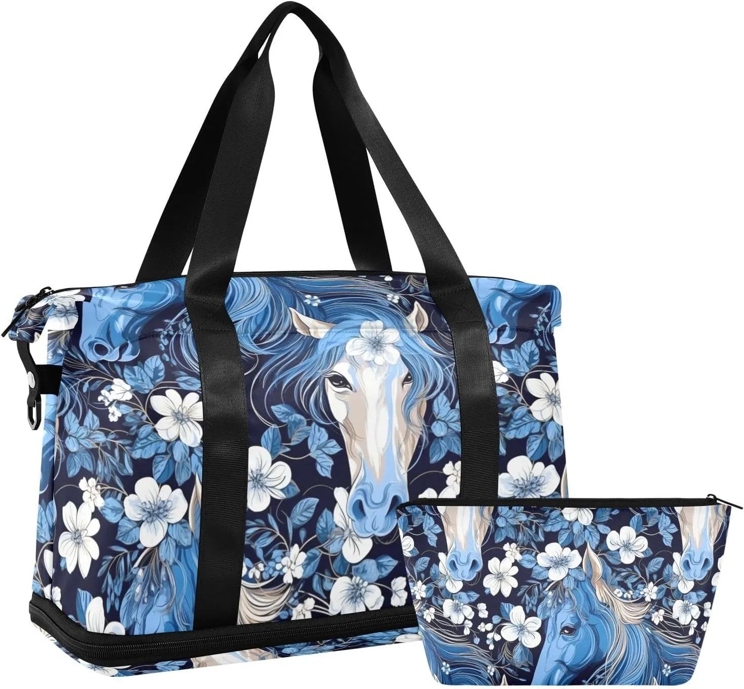 ALAZA Horse Florals Gym Bag Sports Duffel Bag with Shoes Compartment, Overnight Weekender Travel Tote Bag for Women Men Trip College
