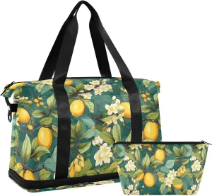 ALAZA Lemon Flowers Branches Green Gym Bag Sports Duffel Bag with Shoes Compartment, Overnight Weekender Travel Tote Bag for Women Men Trip College