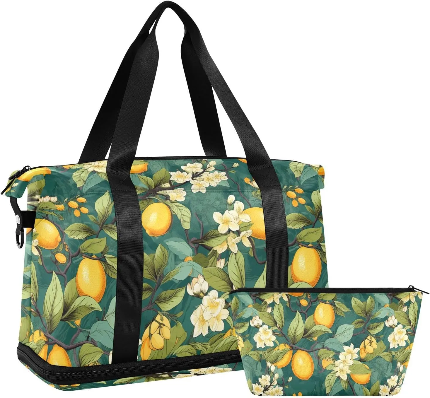 ALAZA Lemon Flowers Branches Green Gym Bag Sports Duffel Bag with Shoes Compartment, Overnight Weekender Travel Tote Bag for Women Men Trip College