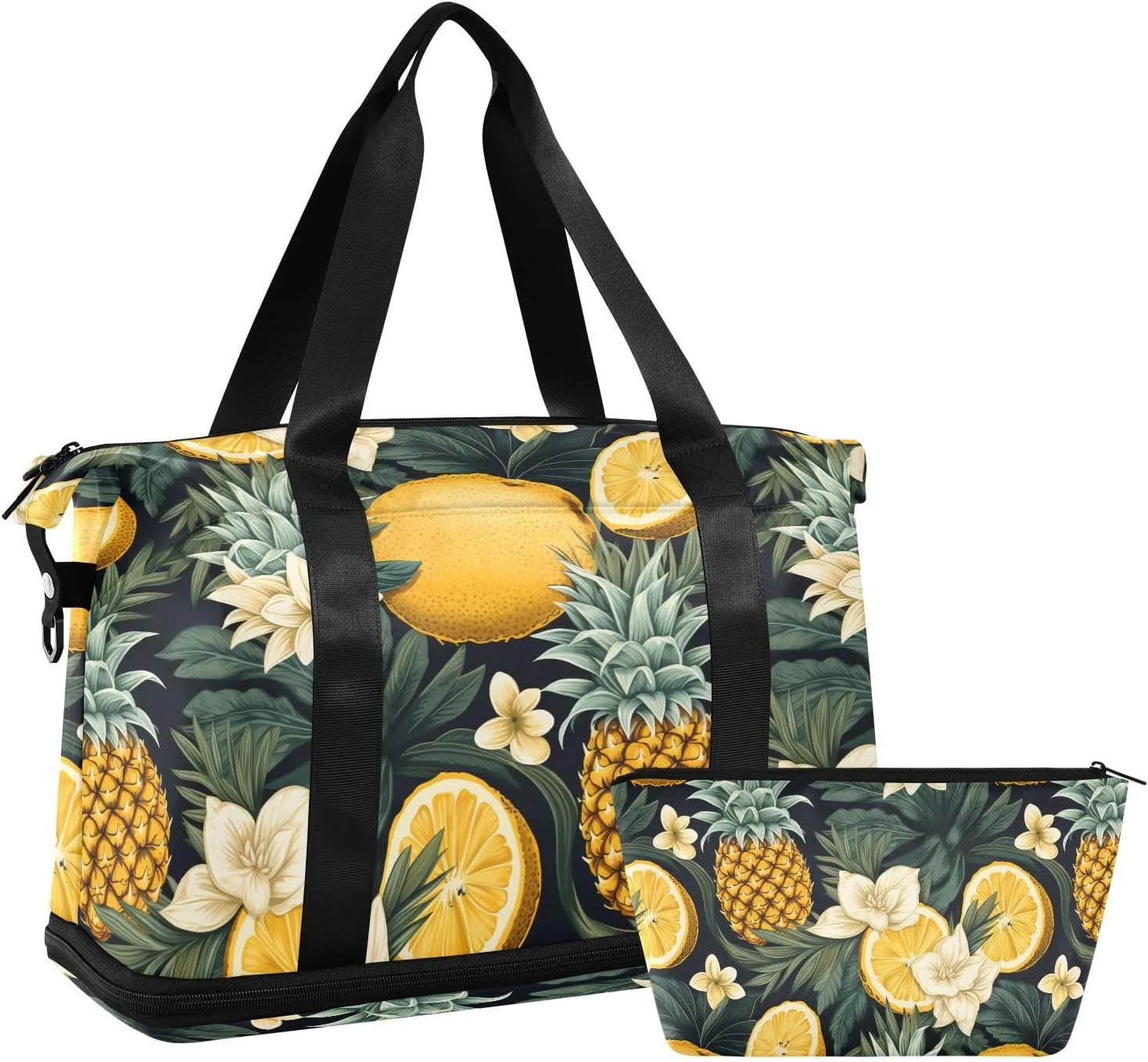 ALAZA Lemon Flowers Pineapple Gym Bag Sports Duffel Bag with Shoes Compartment, Overnight Weekender Travel Tote Bag for Women Men Trip College