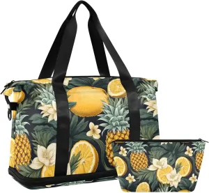 ALAZA Lemon Flowers Pineapple Gym Bag Sports Duffel Bag with Shoes Compartment, Overnight Weekender Travel Tote Bag for Women Men Trip College
