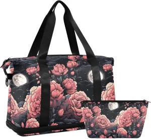 ALAZA Moon Roses Black Gym Bag Sports Duffel Bag with Shoes Compartment, Overnight Weekender Travel Tote Bag for Women Men Trip College