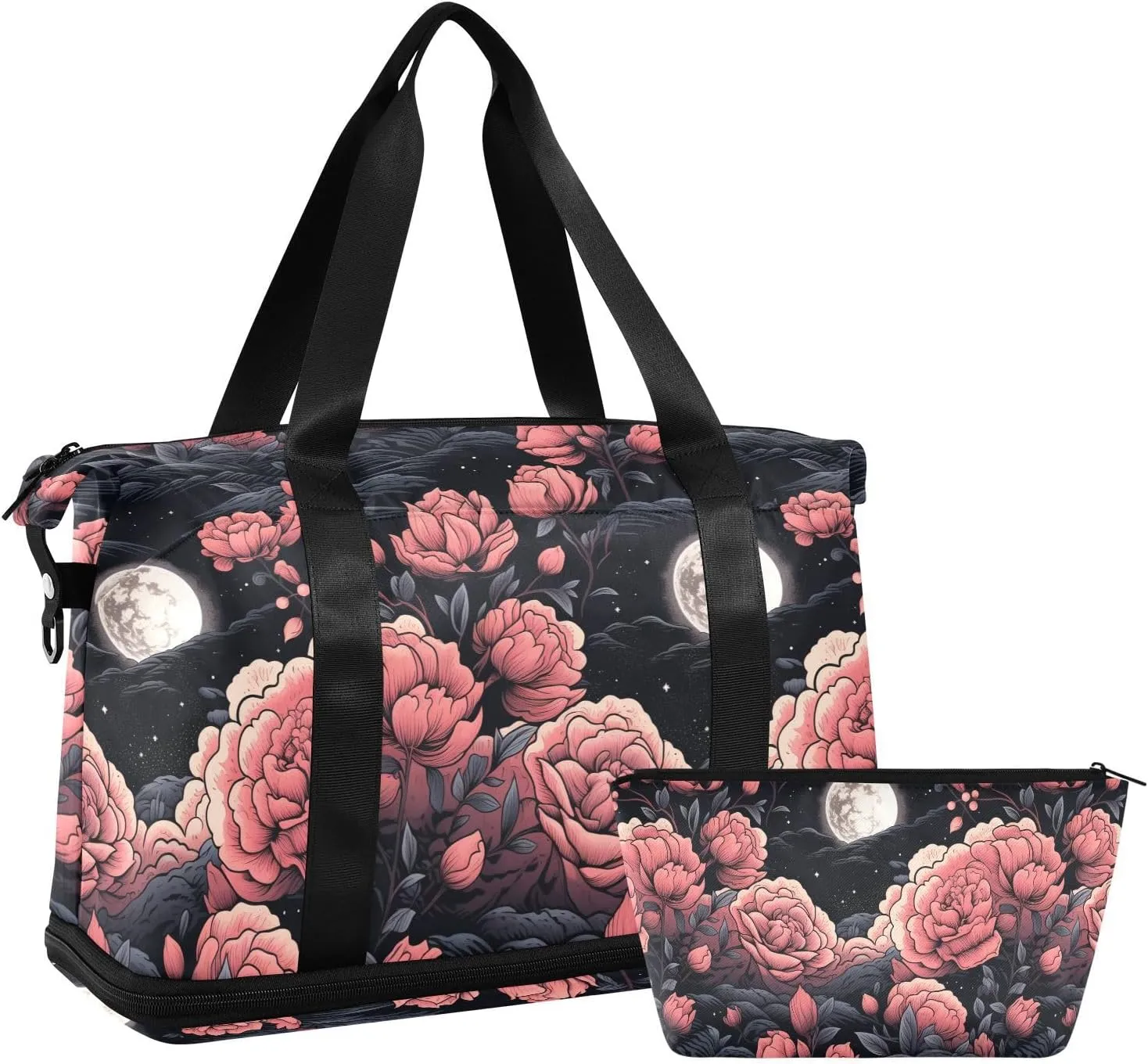 ALAZA Moon Roses Black Gym Bag Sports Duffel Bag with Shoes Compartment, Overnight Weekender Travel Tote Bag for Women Men Trip College