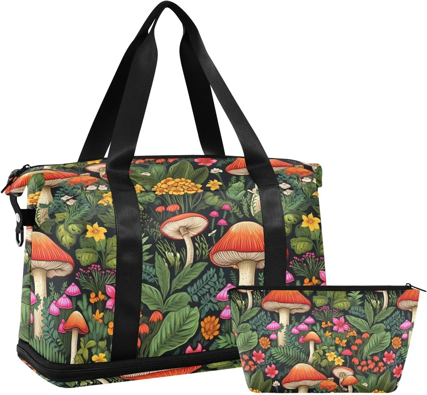 ALAZA Mushroom Flowers Leaves Gym Bag Sports Duffel Bag with Shoes Compartment, Overnight Weekender Travel Tote Bag for Women Men Trip College