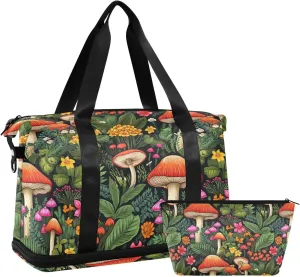 ALAZA Mushroom Flowers Leaves Gym Bag Sports Duffel Bag with Shoes Compartment, Overnight Weekender Travel Tote Bag for Women Men Trip College