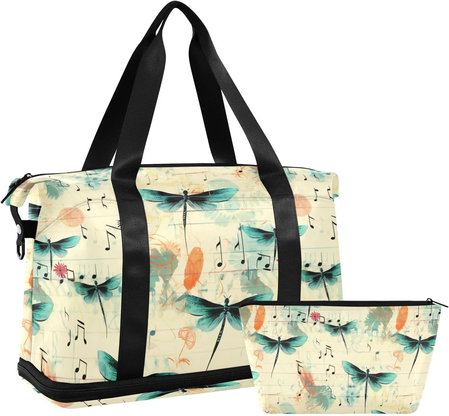 ALAZA Musical Notes Dragonfly Flowers Gym Bag Sports Duffel Bag with Shoes Compartment, Overnight Weekender Travel Tote Bag for Women Men Trip College